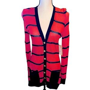 Vintage Havana Long Cardigan in Coral and Navy stripe size medium